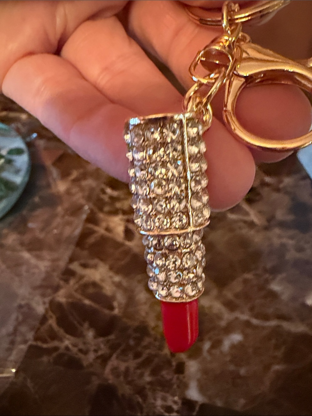 Gold Rhinestone Lipstick Keychain - Red - Picture 6 of 7